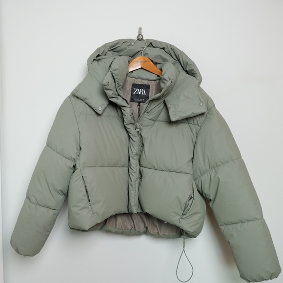 Zara Rubberized Green/Olive Puffer Jacket Sz L - Picture 1 of 7